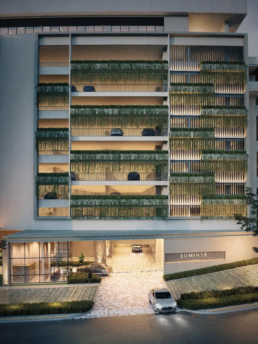 Luminar Residence entrance and green façade