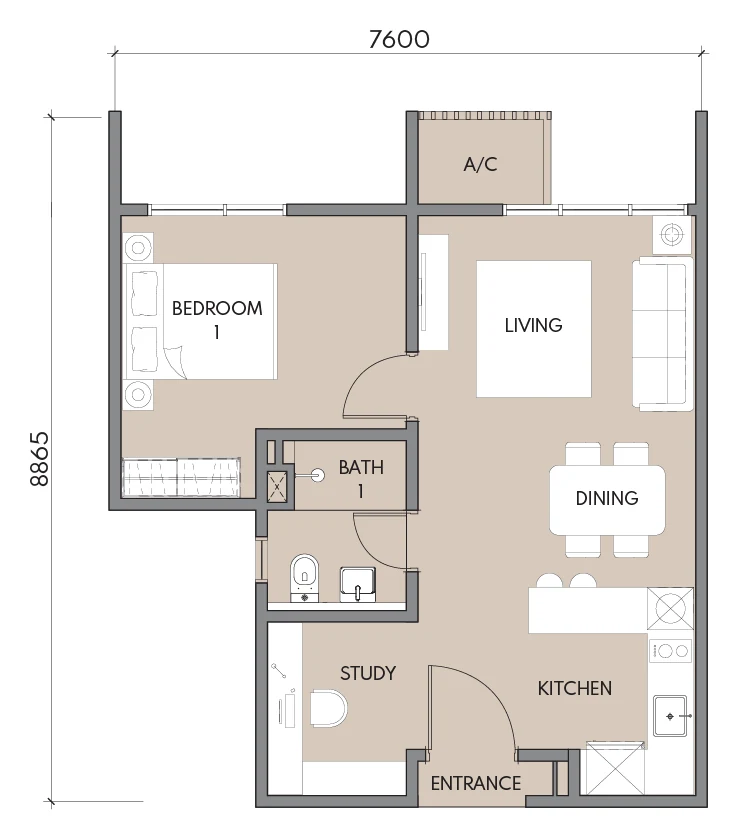 Type A floor plan, 549 sq ft, 1+1 bedrooms, 1 bathroom