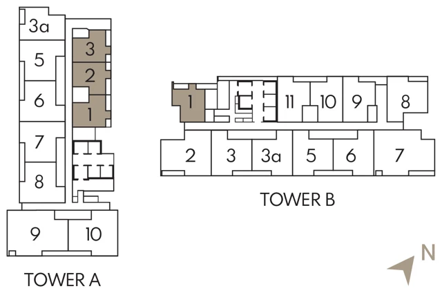 Key plan showing Type A unit positions in Tower A and Tower B