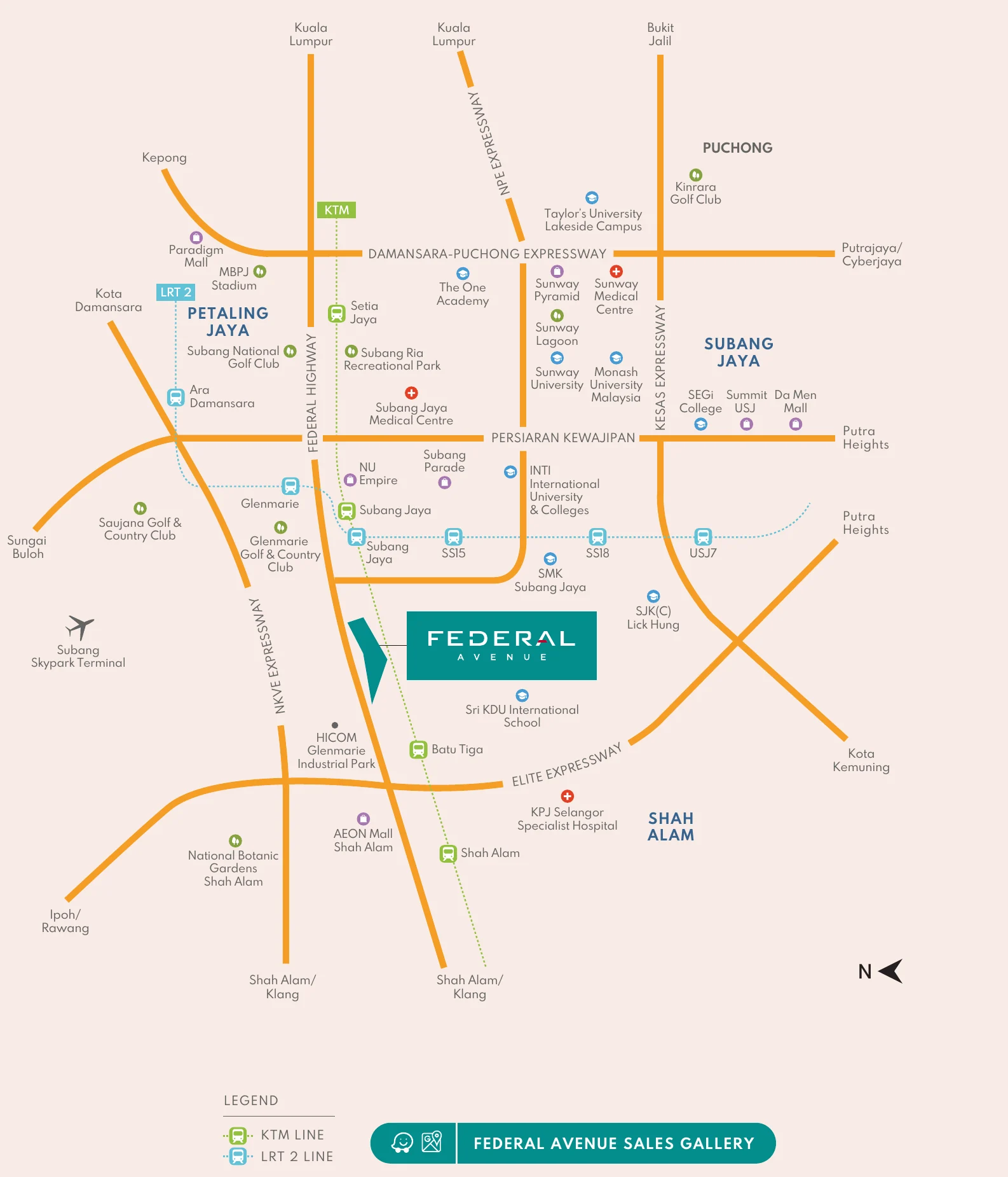 Location map of Federal Avenue with highways, KTM and LRT lines, malls, schools and hospitals
