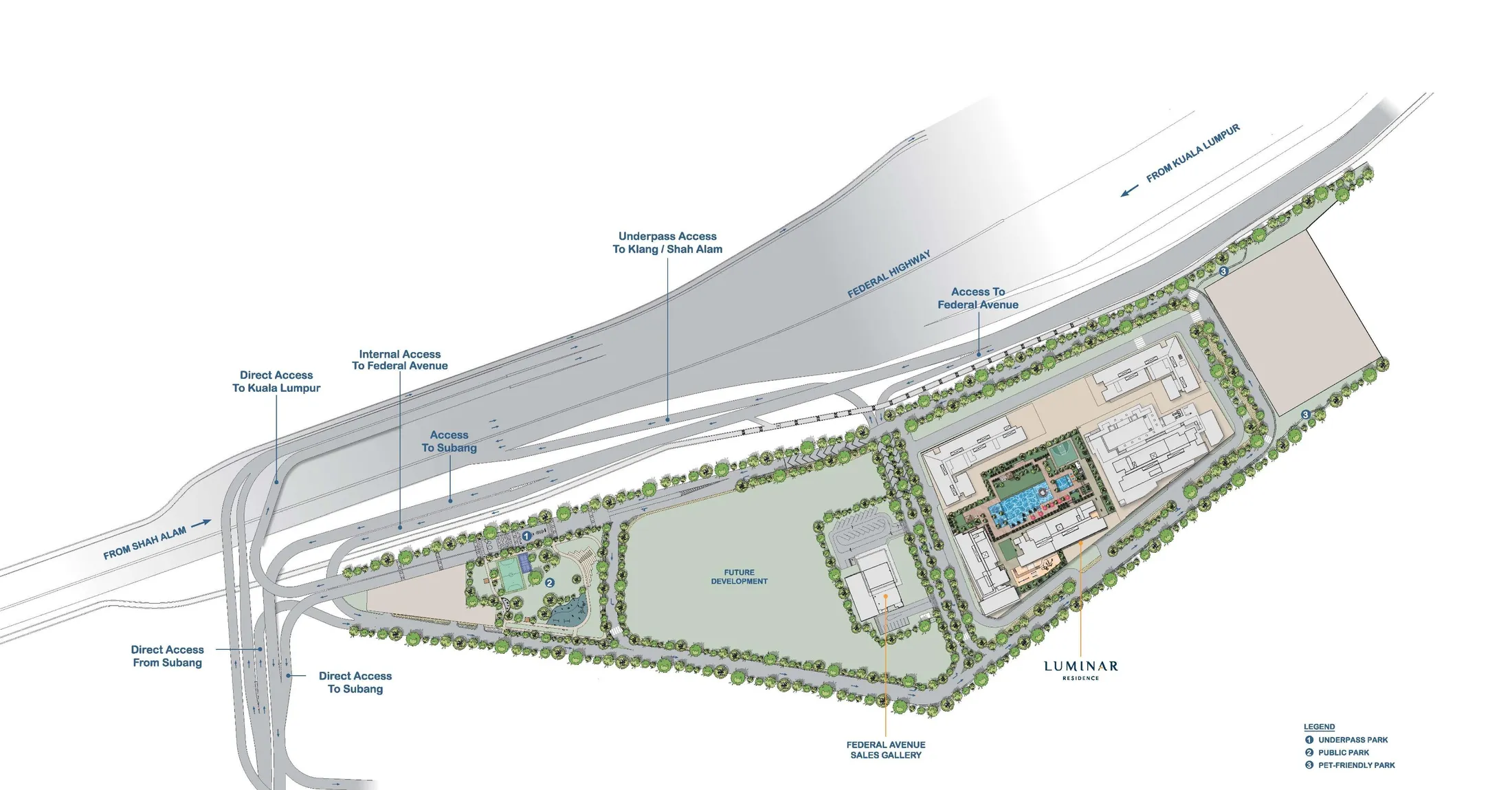 Federal Avenue masterplan showing Luminar Residence, Federal Highway access roads, three parks and future development areas