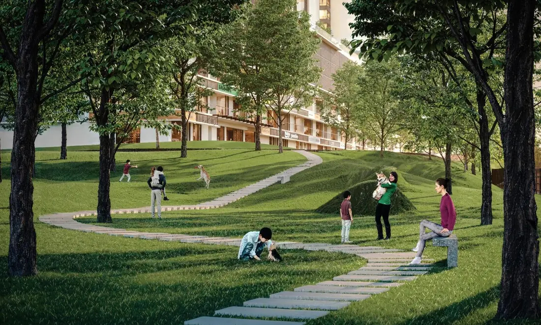 Pet-friendly park with stepping-stone path, residents and dogs