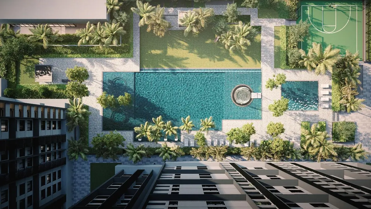 Aerial view of the Level 11 podium with pools, lawn and basketball half-court