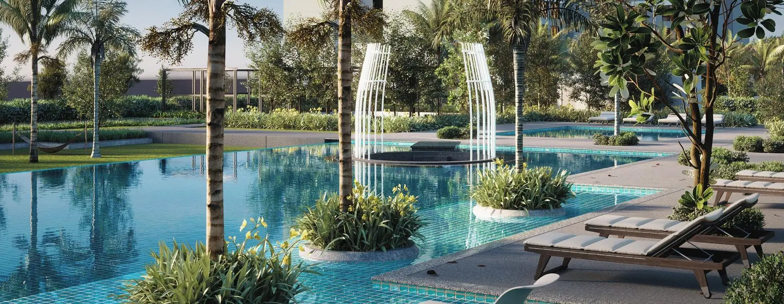 Swimming pool and pool deck with fountain sculptures on the Level 11 podium