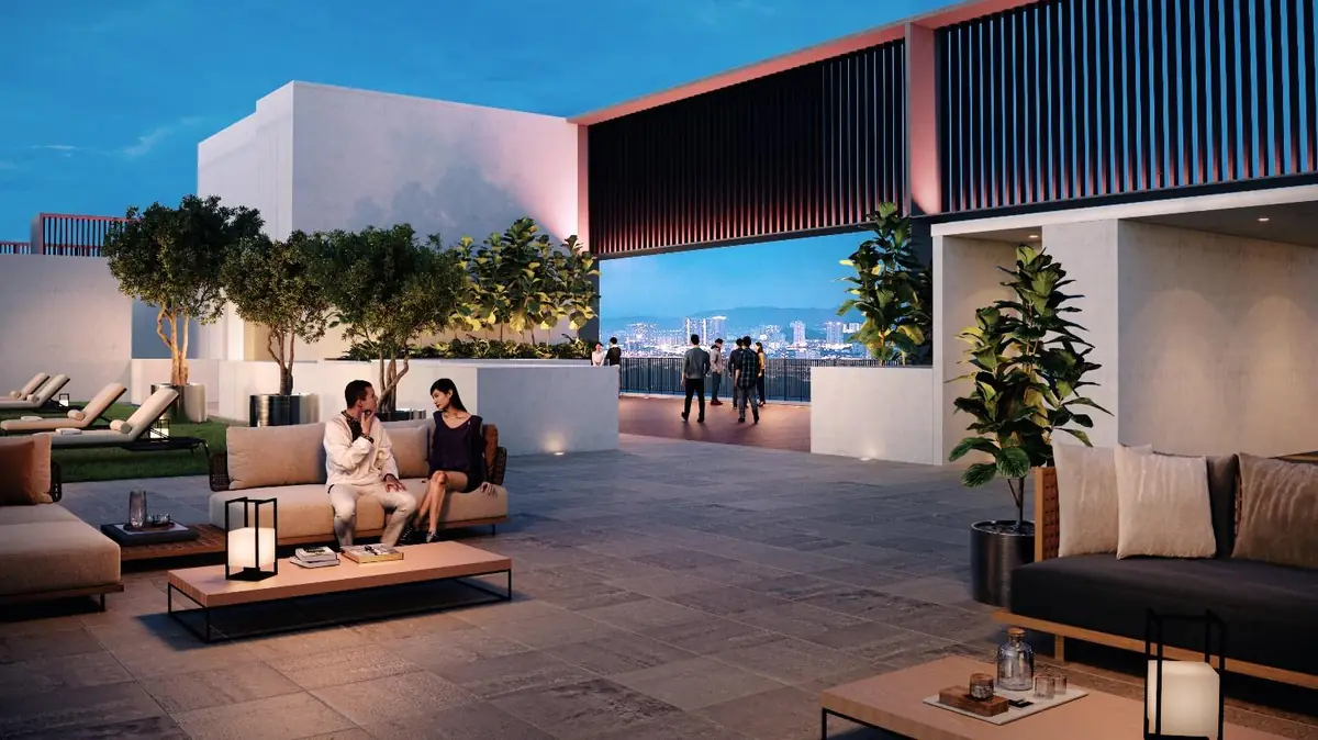Rooftop landscape deck at dusk